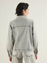Women Washed Grey Basic Denim Regular Jacket-SFJCKT60332