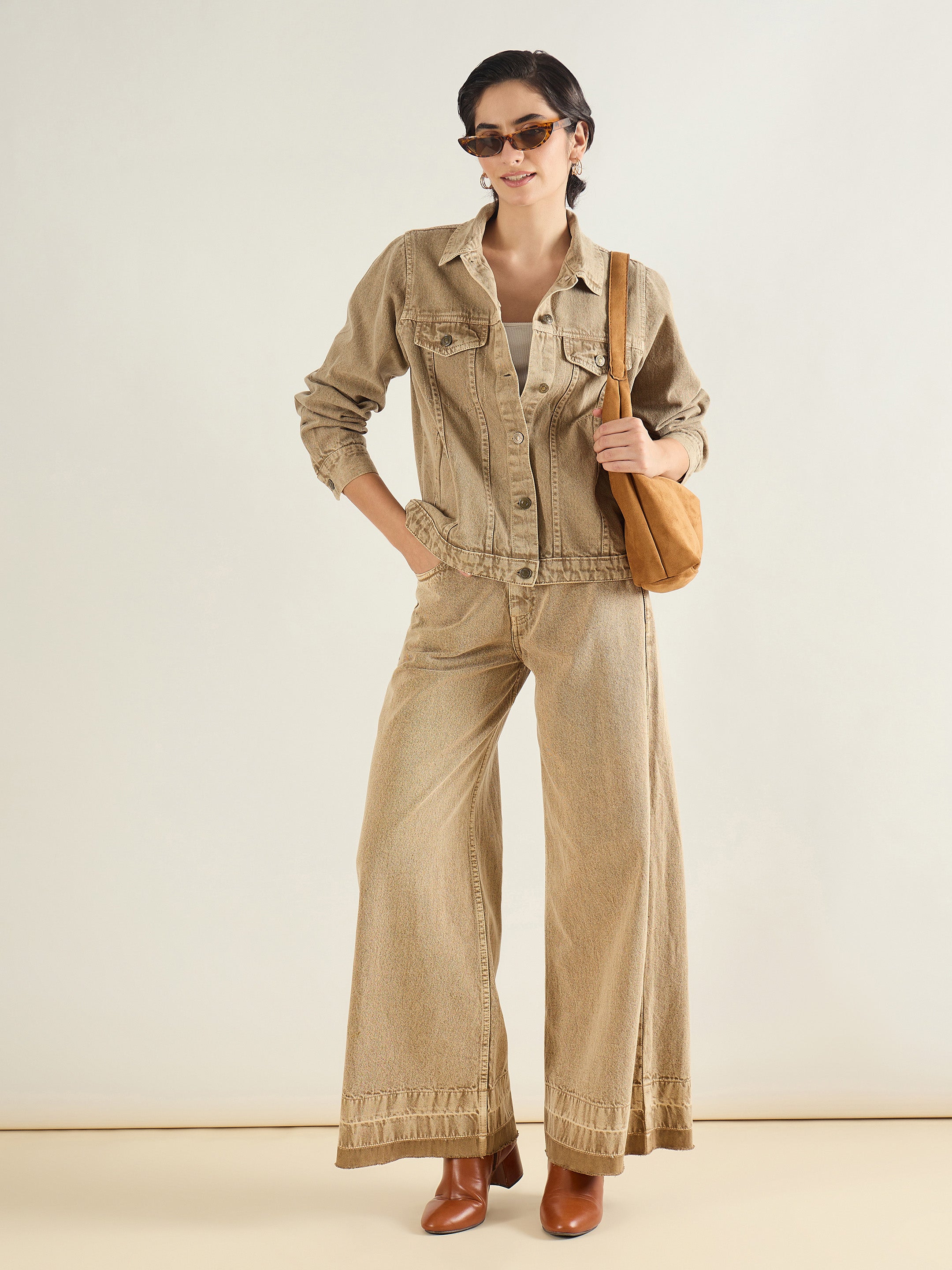 Women Beige Basic Denim Regular Jacket-SFJCKT60333