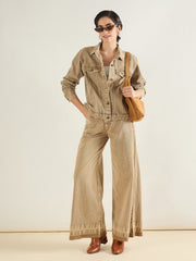 Women Beige Basic Denim Regular Jacket-SFJCKT60333