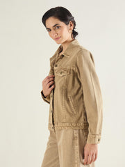 Women Beige Basic Denim Regular Jacket-SFJCKT60333