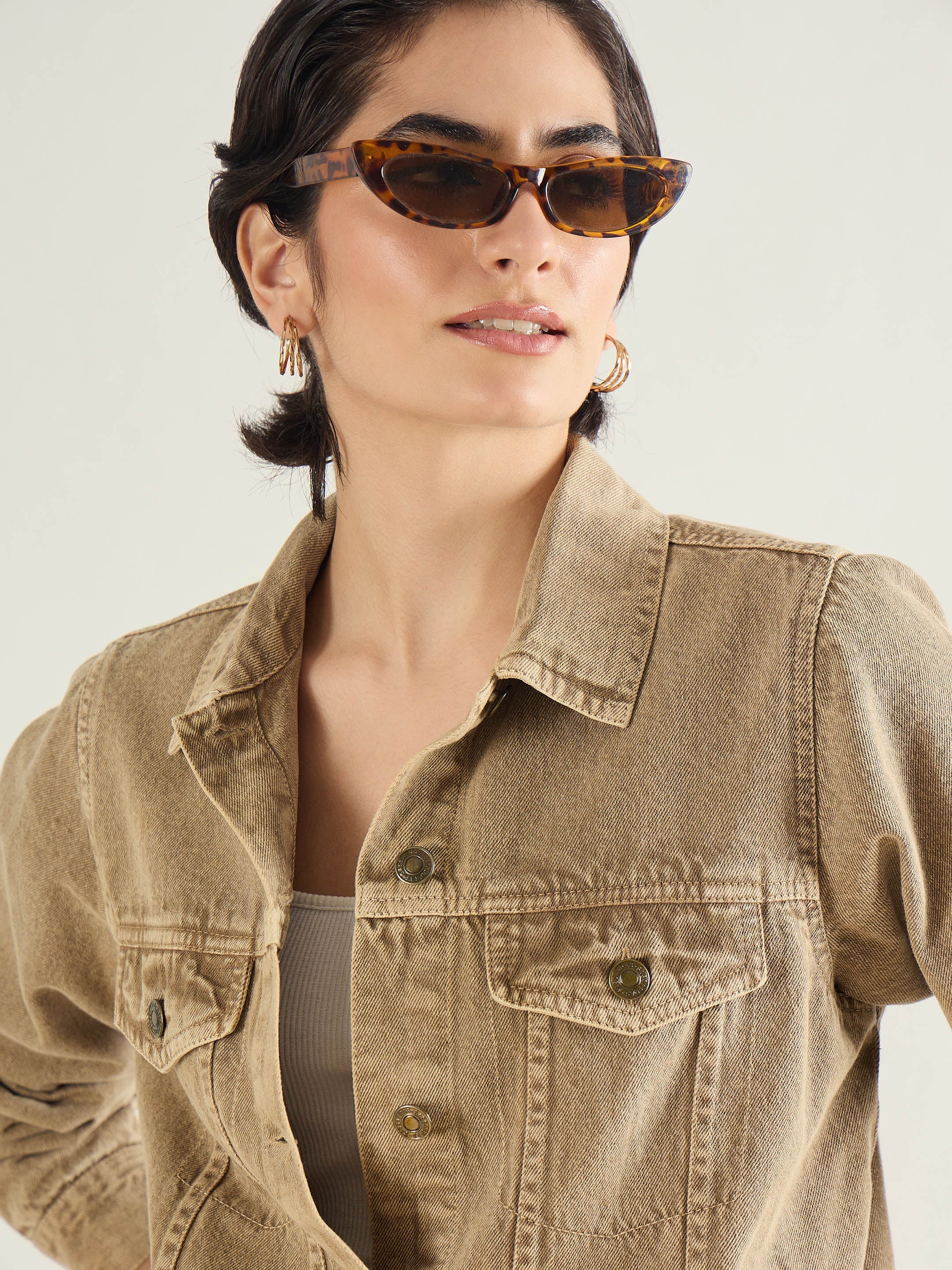Women Beige Basic Denim Regular Jacket-SFJCKT60333