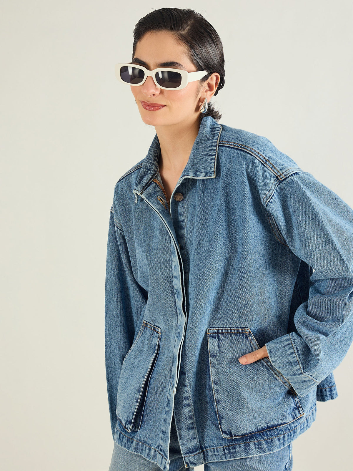 Women Blue Blast Denim Oversized Button Down Jacket-SFJCKT60334