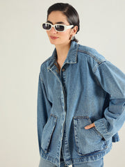Women Blue Blast Denim Oversized Button Down Jacket-SFJCKT60334