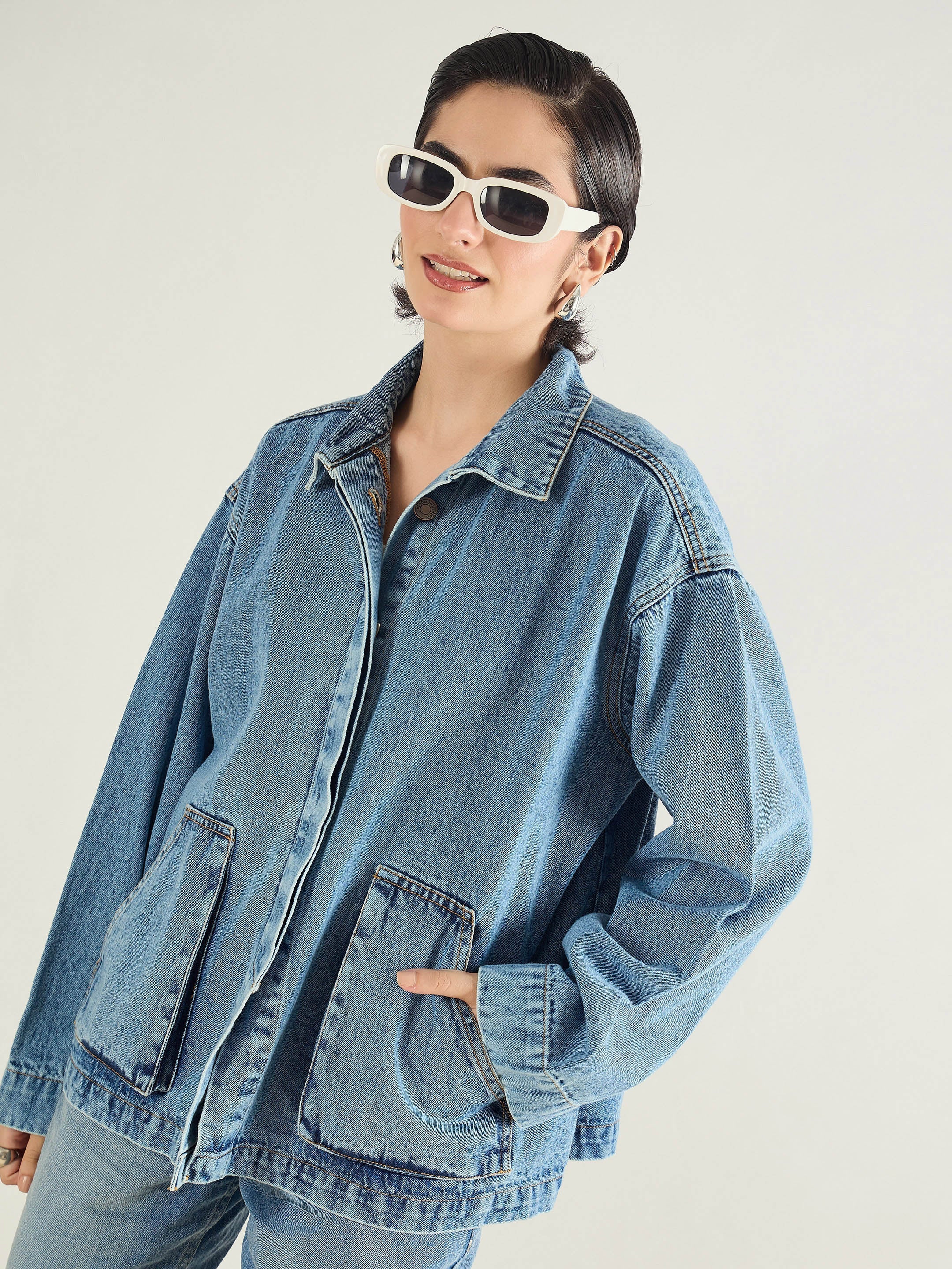 Women Blue Blast Denim Oversized Button Down Jacket-SFJCKT60334
