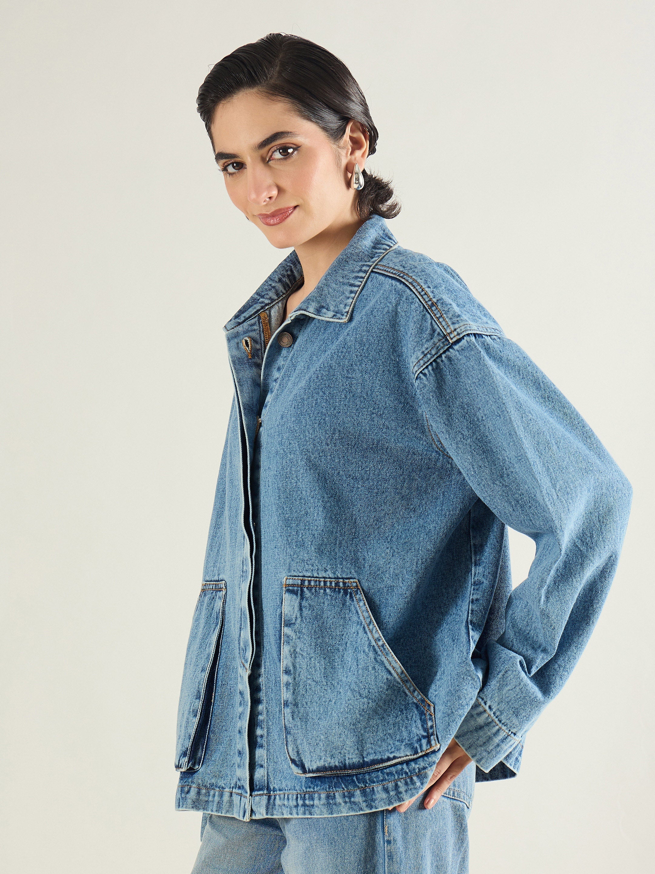 Women Blue Blast Denim Oversized Button Down Jacket-SFJCKT60334