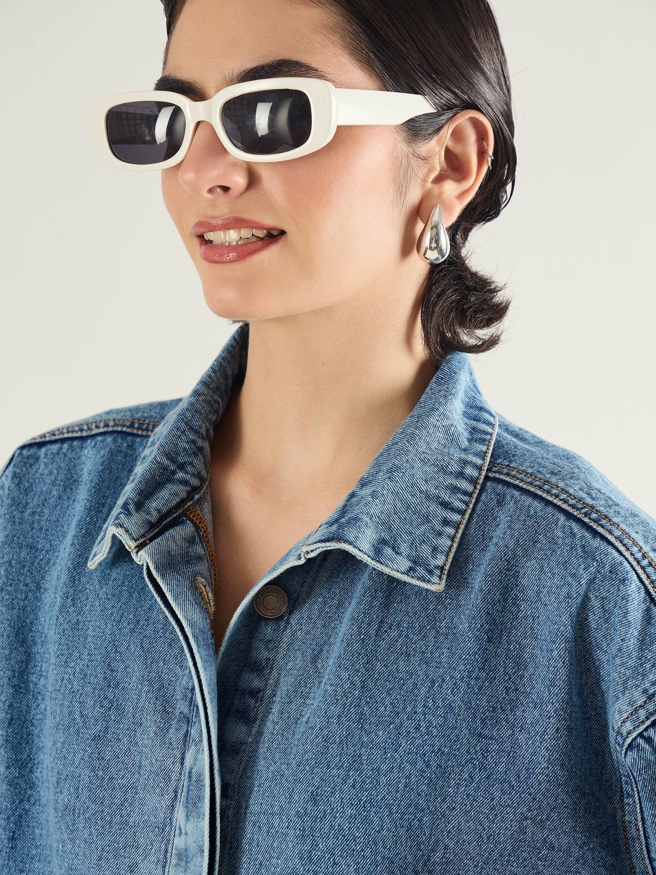 Women Blue Blast Denim Oversized Button Down Jacket-SFJCKT60334