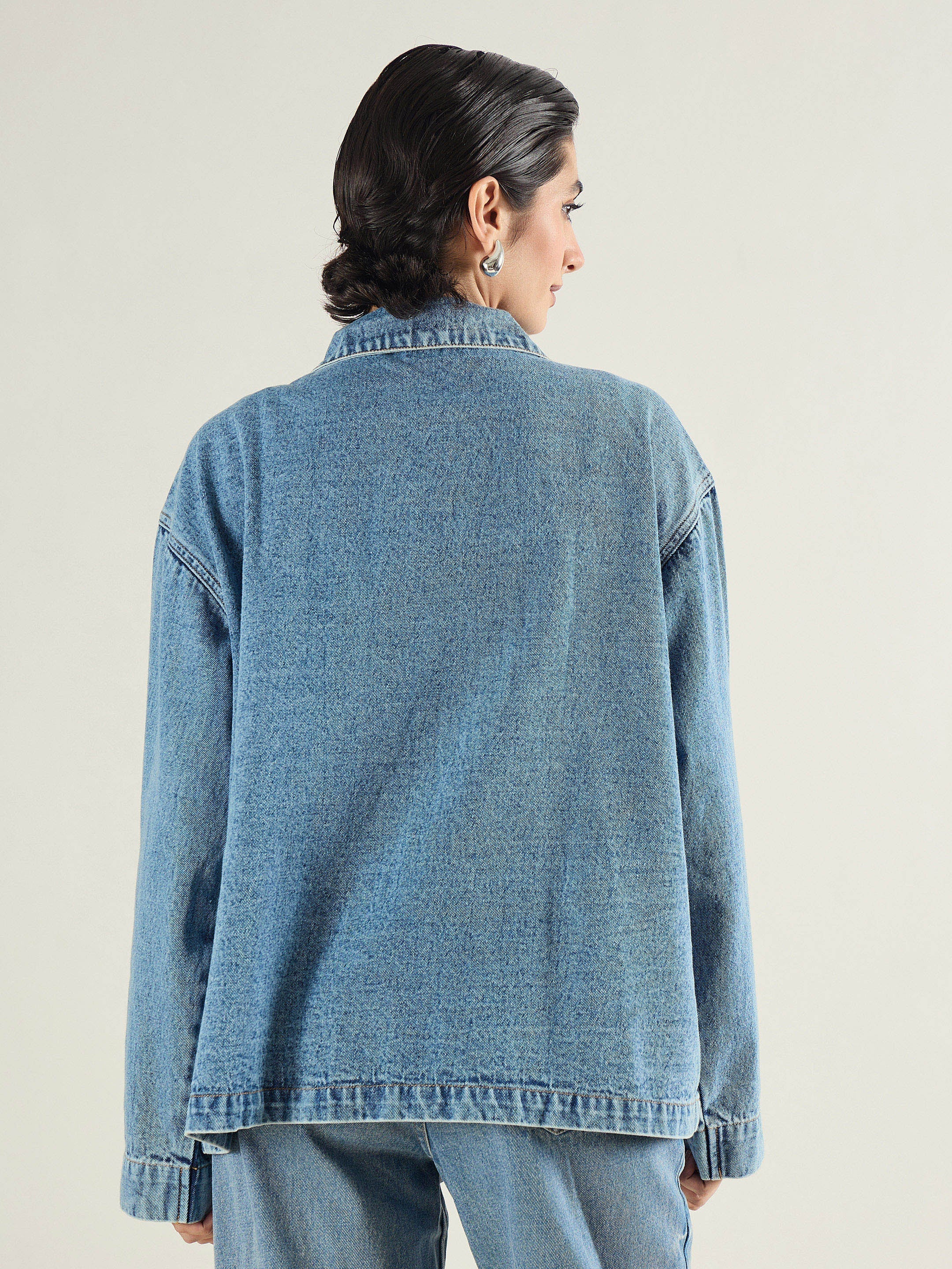 Women Blue Blast Denim Oversized Button Down Jacket-SFJCKT60334