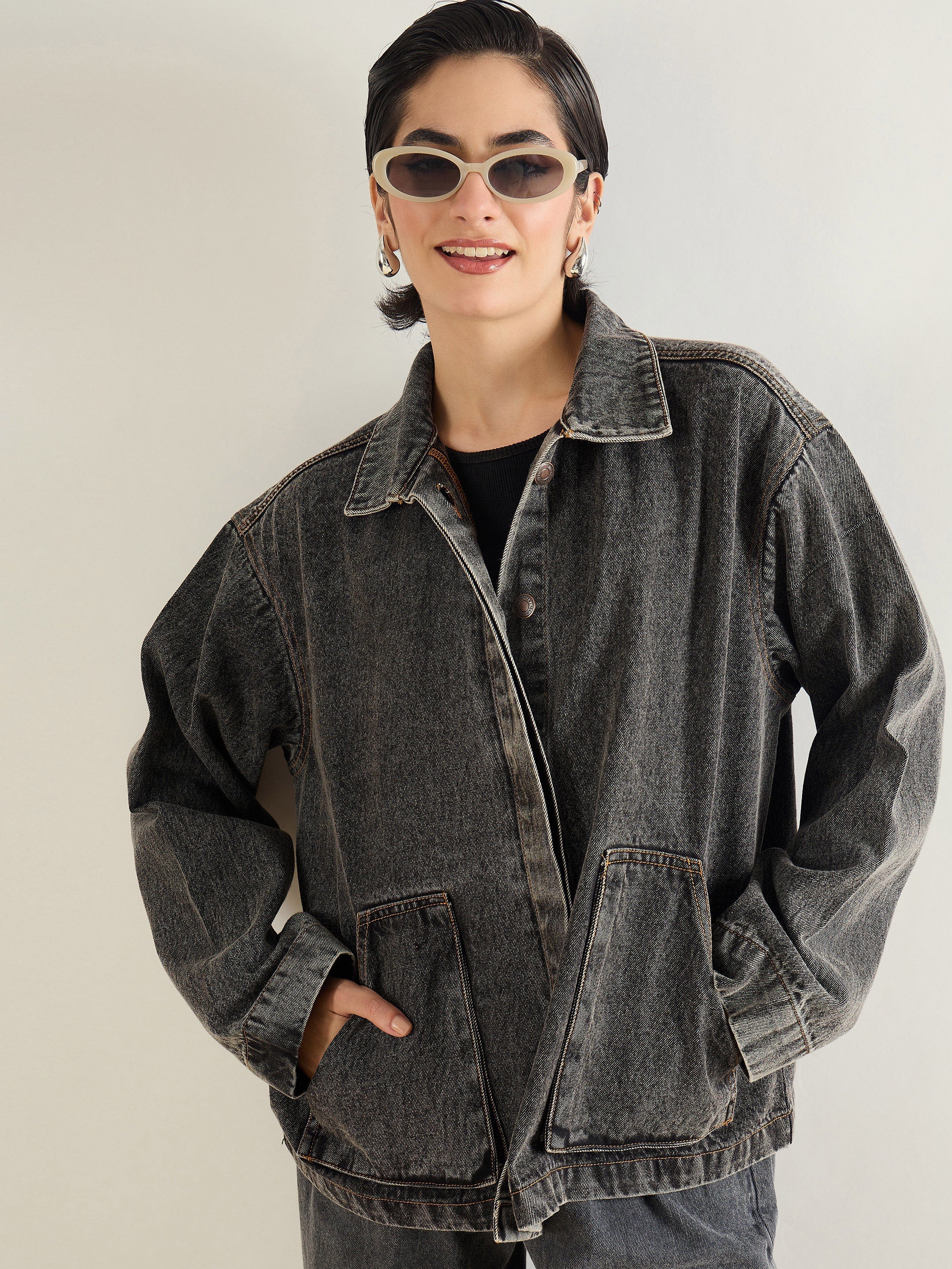 Women Black Washed Denim Oversized Button Down Jacket-SFJCKT60335