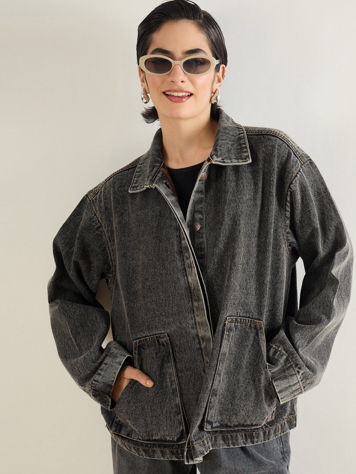 Women Black Washed Denim Oversized Button Down Jacket-SFJCKT60335