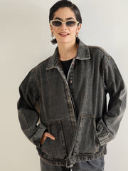 Women Black Washed Denim Oversized Button Down Jacket-SFJCKT60335