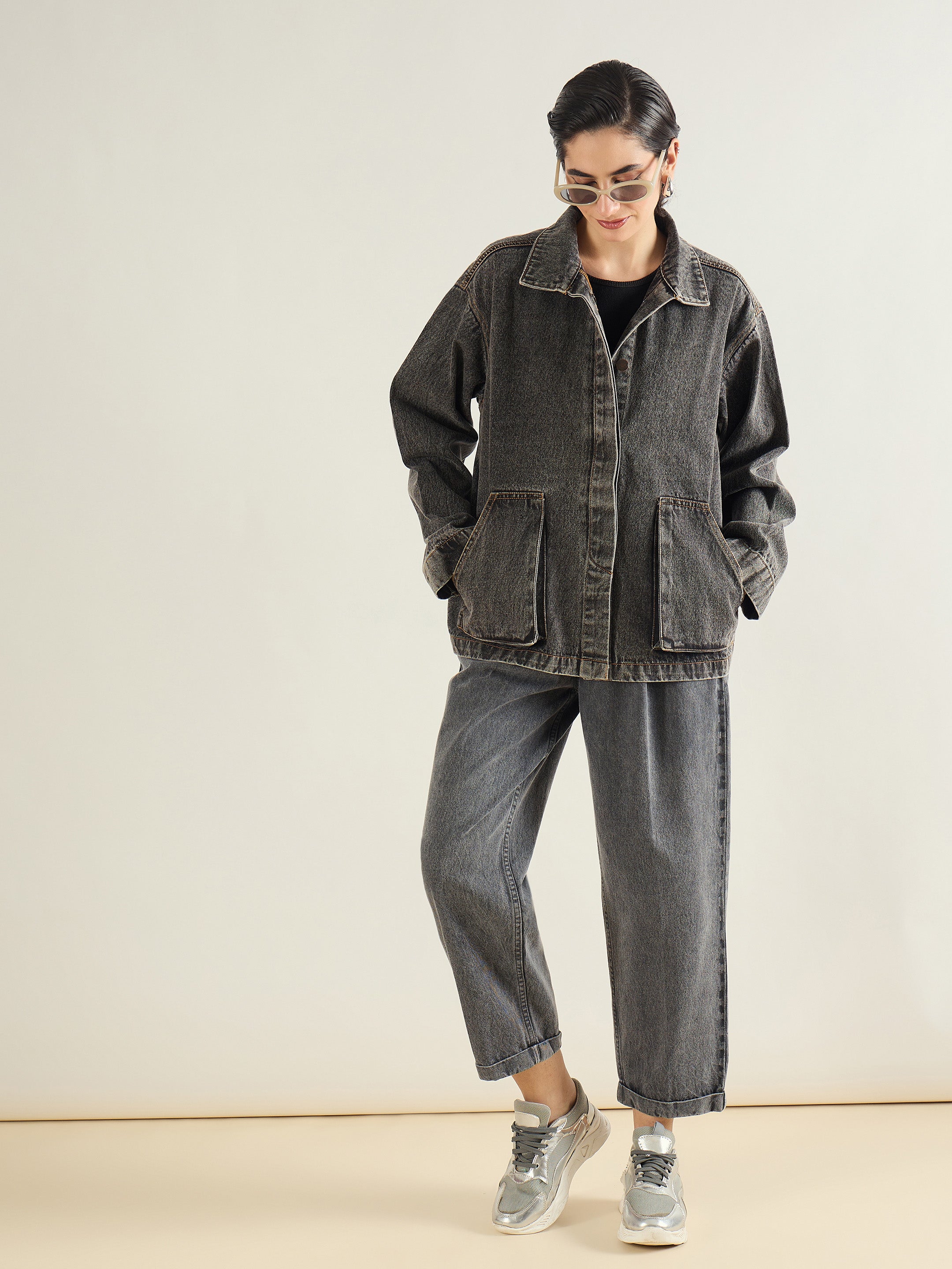 Women Black Washed Denim Oversized Button Down Jacket-SFJCKT60335