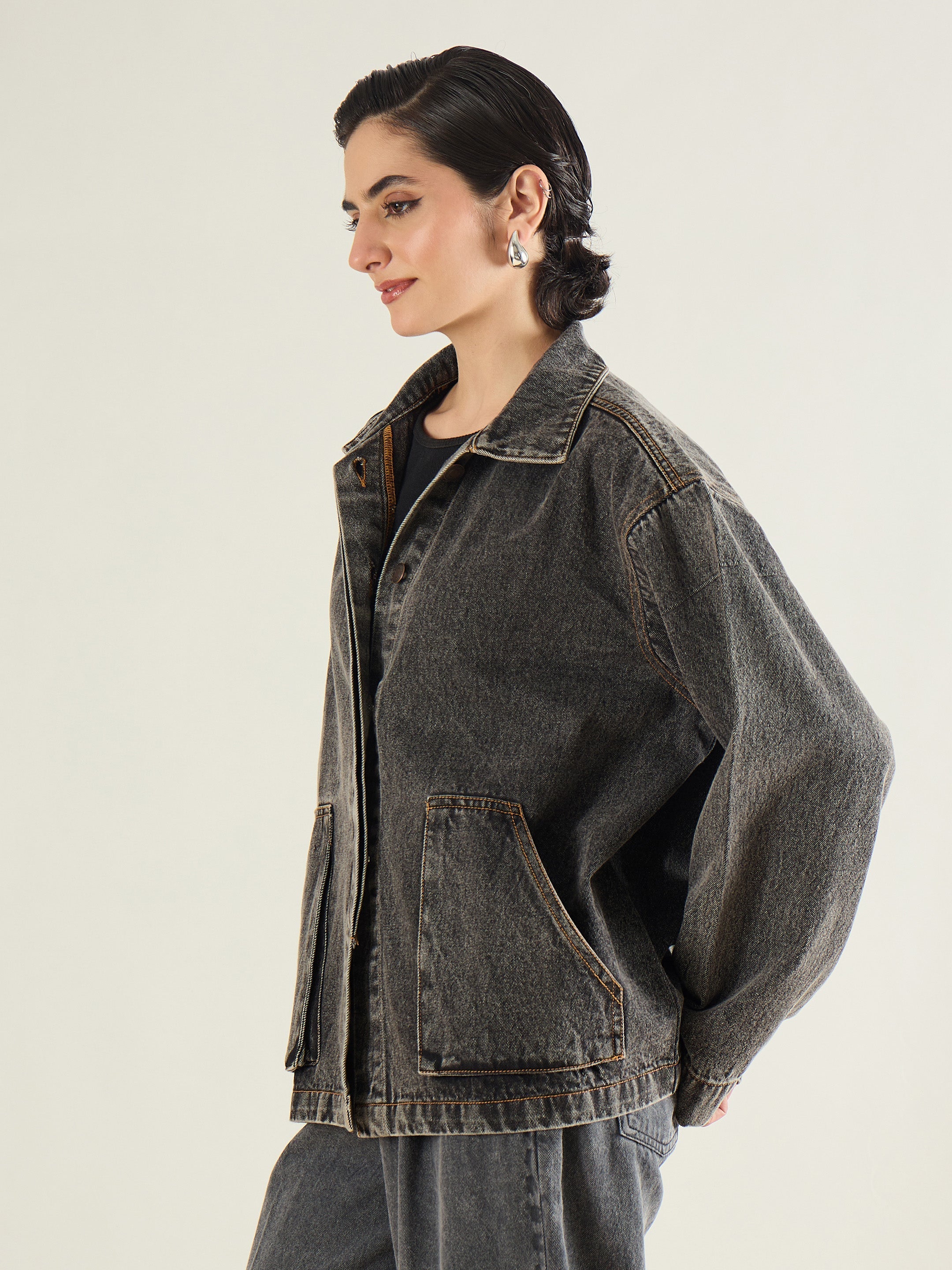 Women Black Washed Denim Oversized Button Down Jacket-SFJCKT60335