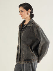 Women Black Washed Denim Oversized Button Down Jacket-SFJCKT60335