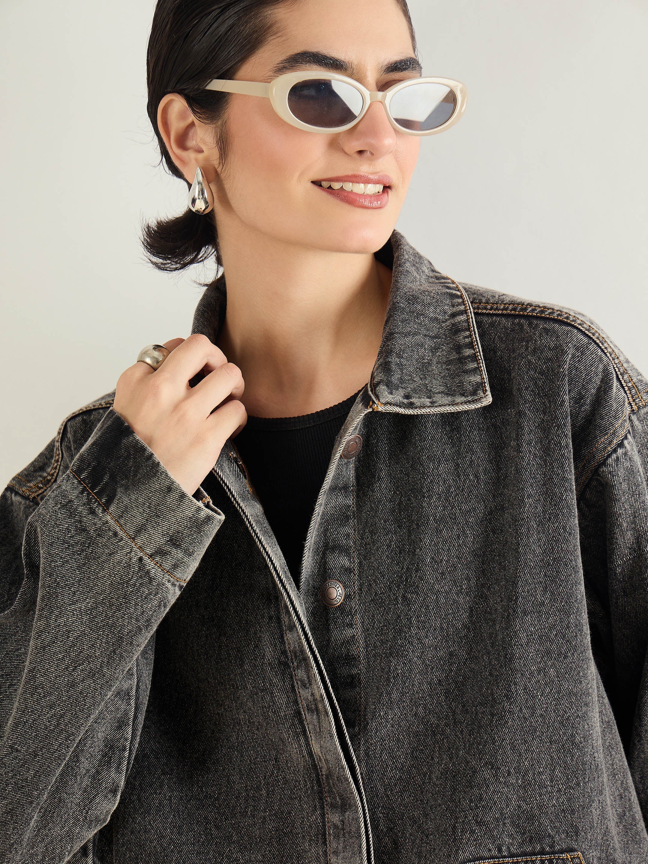 Women Black Washed Denim Oversized Button Down Jacket-SFJCKT60335