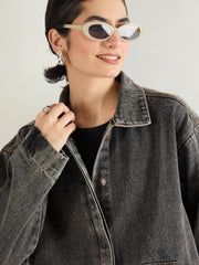 Women Black Washed Denim Oversized Button Down Jacket-SFJCKT60335