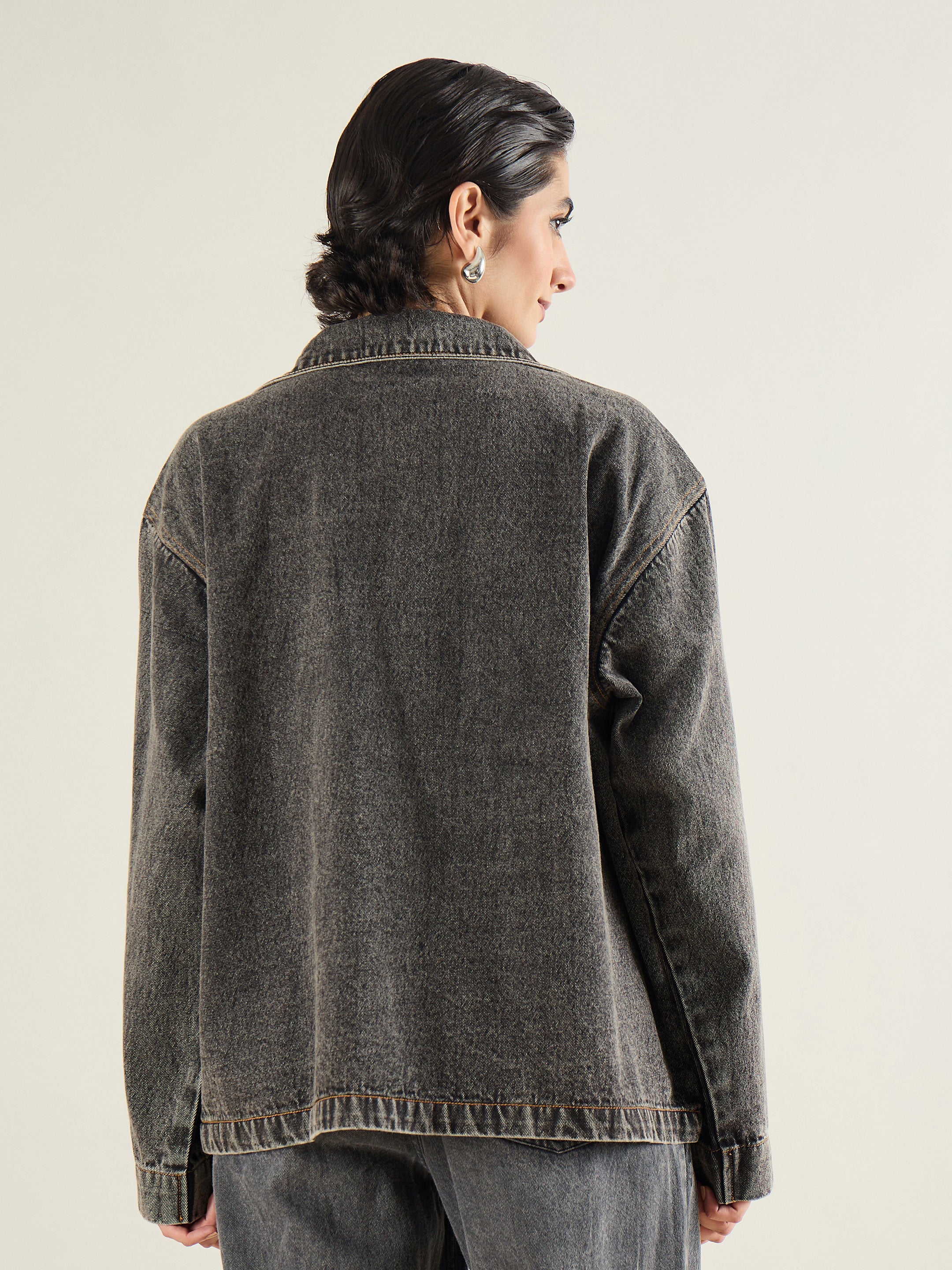 Women Black Washed Denim Oversized Button Down Jacket-SFJCKT60335