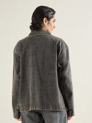 Women Black Washed Denim Oversized Button Down Jacket-SFJCKT60335