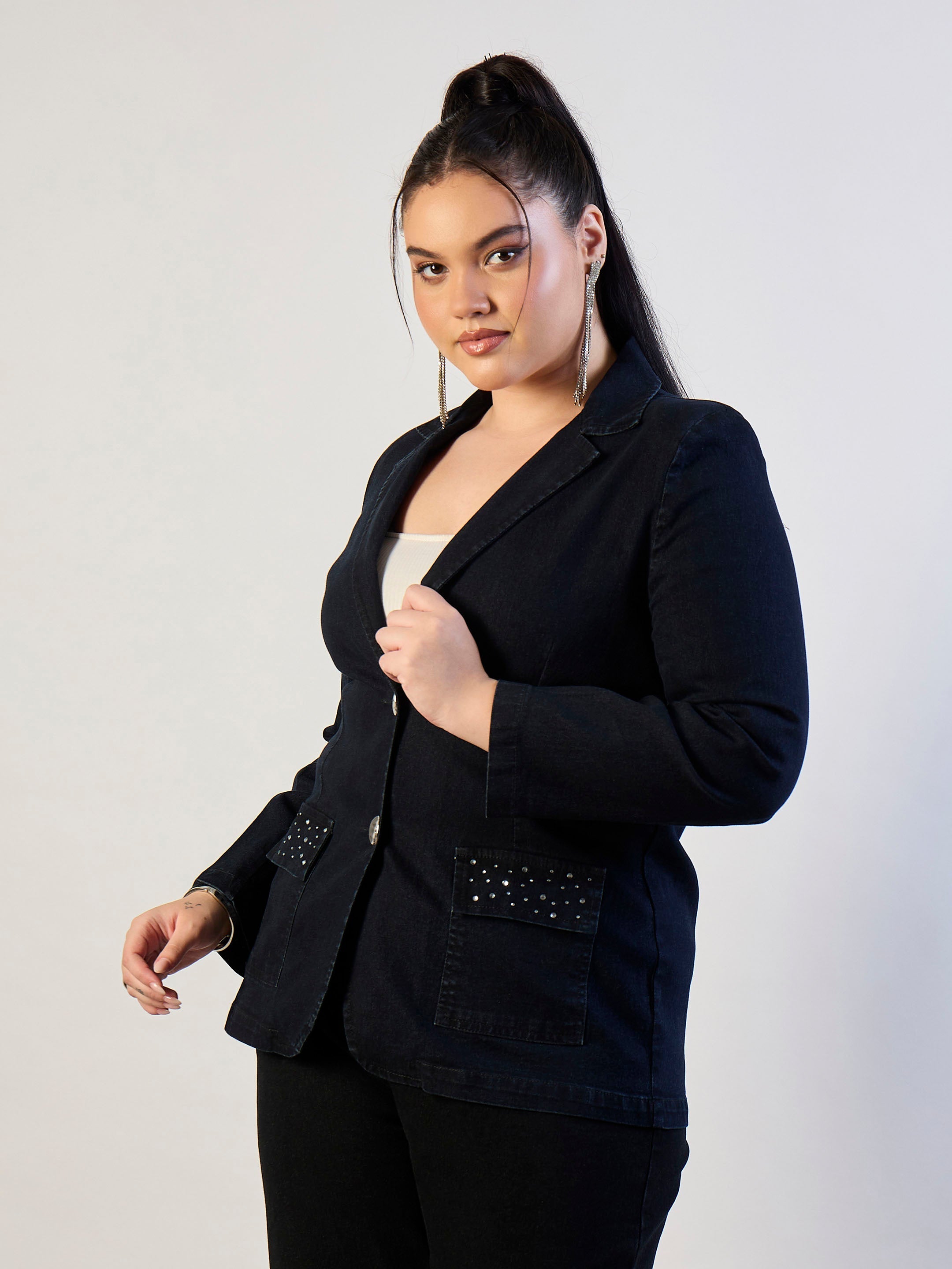 Women Jet Black Denim Front Button Blazer-SFJCKT60336