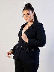 Women Jet Black Denim Front Button Blazer-SFJCKT60336