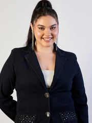 Women Jet Black Denim Front Button Blazer-SFJCKT60336