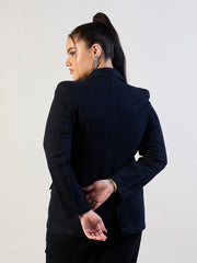 Women Jet Black Denim Front Button Blazer-SFJCKT60336