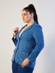 Women Blue Blast Denim Front Button Blazer-SFJCKT60337