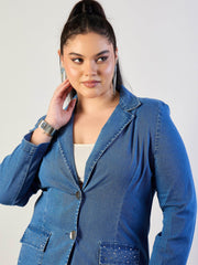 Women Blue Blast Denim Front Button Blazer-SFJCKT60337