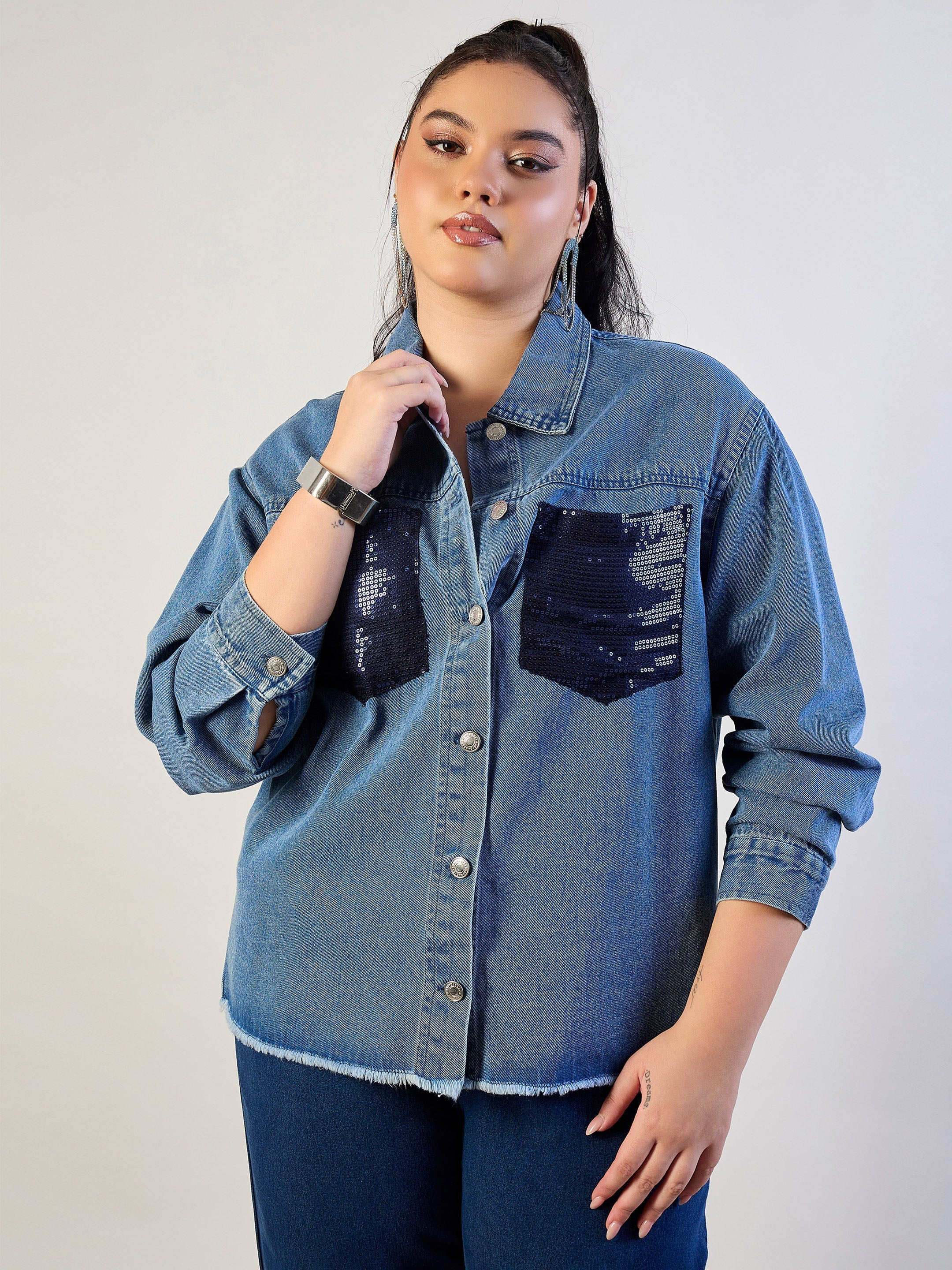 Women Blue Blast Sequins Patch Pocket Denim Jacket-SFJCKT60338