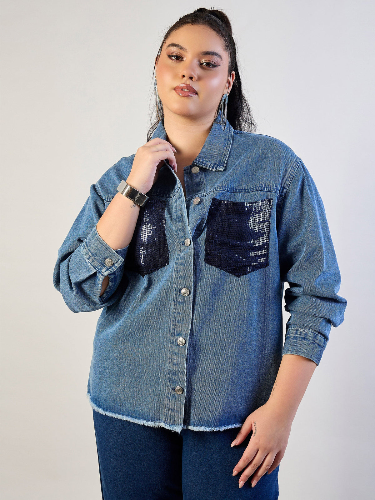 Women Blue Blast Sequins Patch Pocket Denim Jacket-SFJCKT60338
