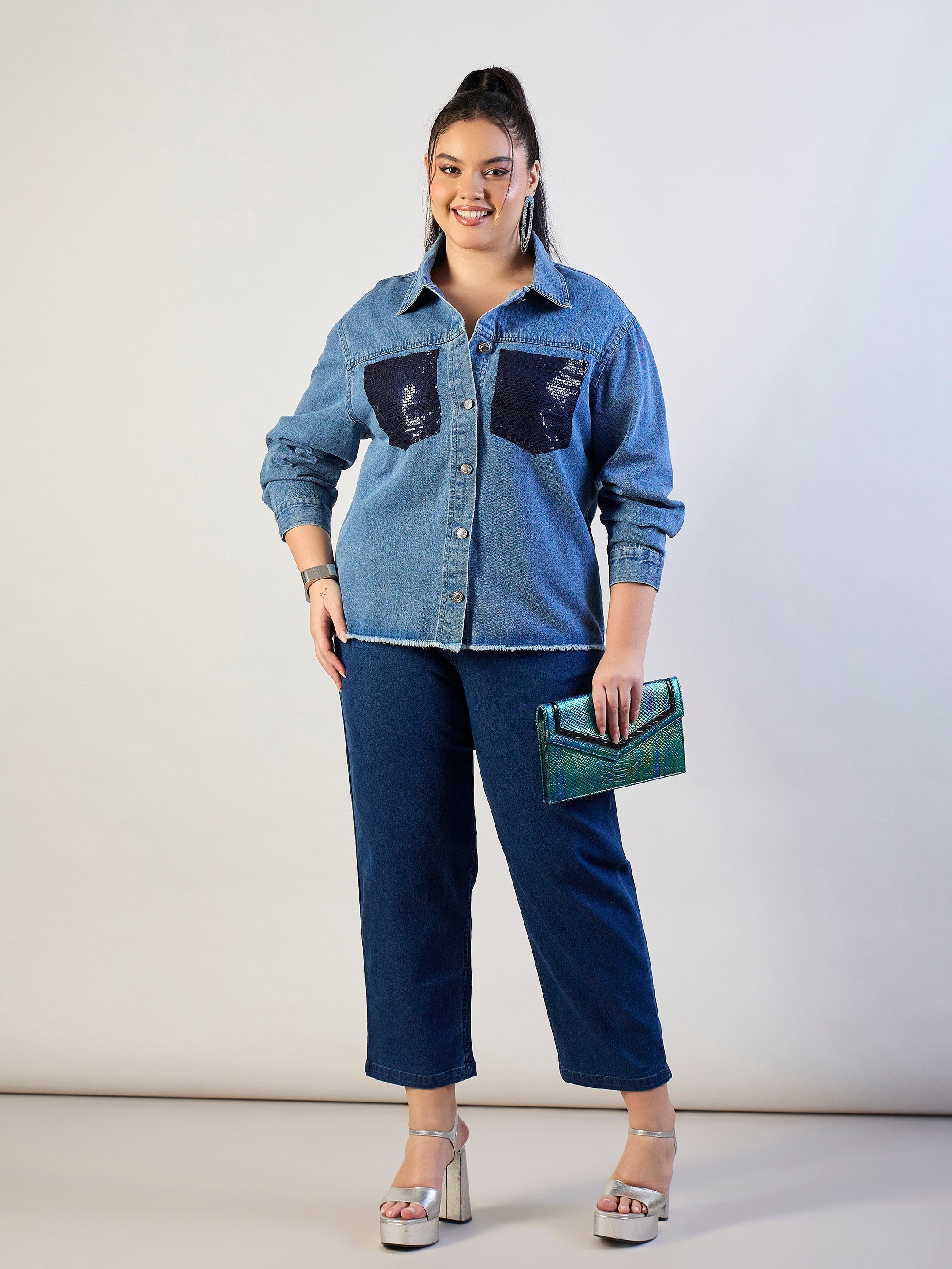 Women Blue Blast Sequins Patch Pocket Denim Jacket-SFJCKT60338