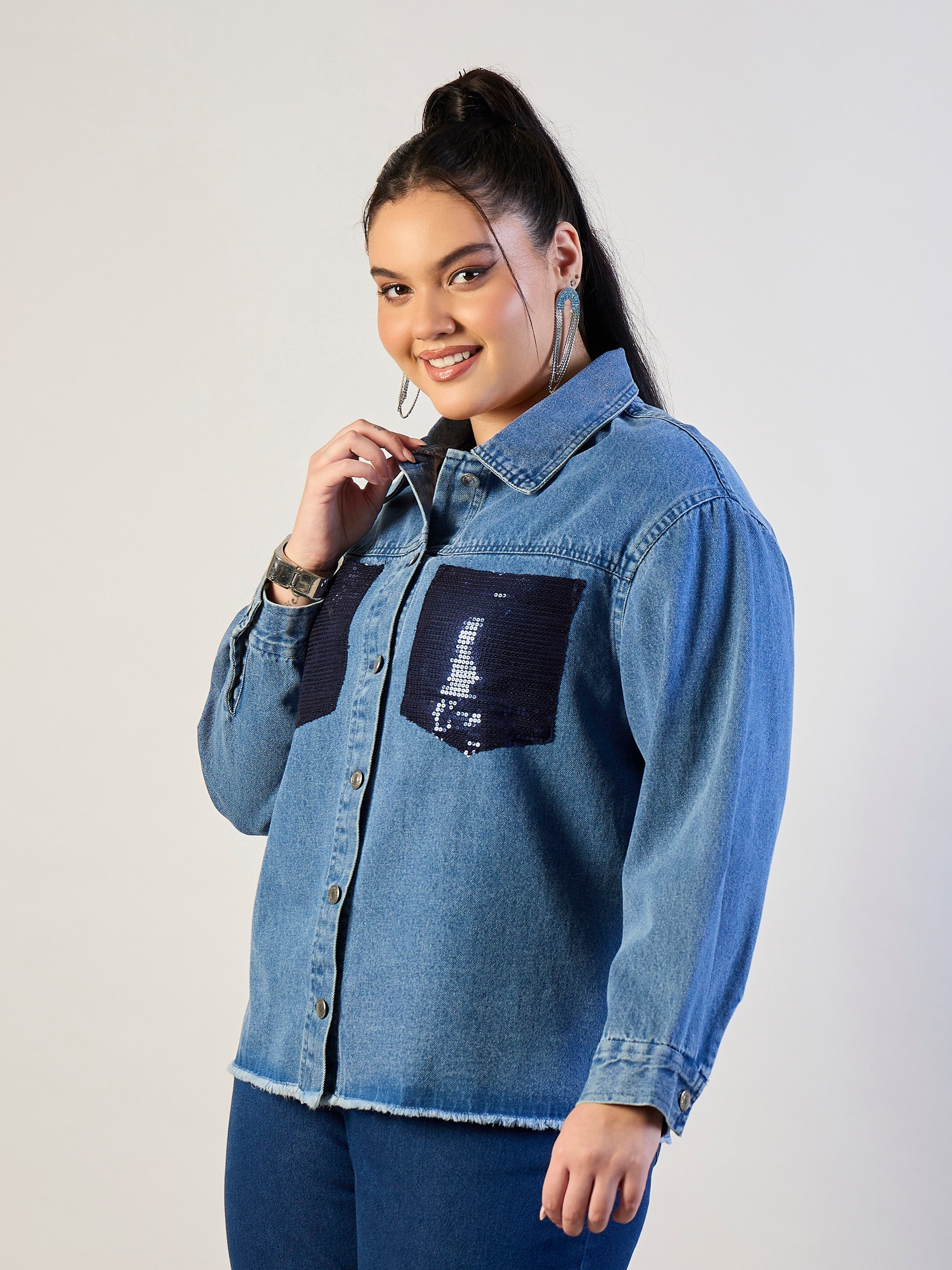 Women Blue Blast Sequins Patch Pocket Denim Jacket-SFJCKT60338
