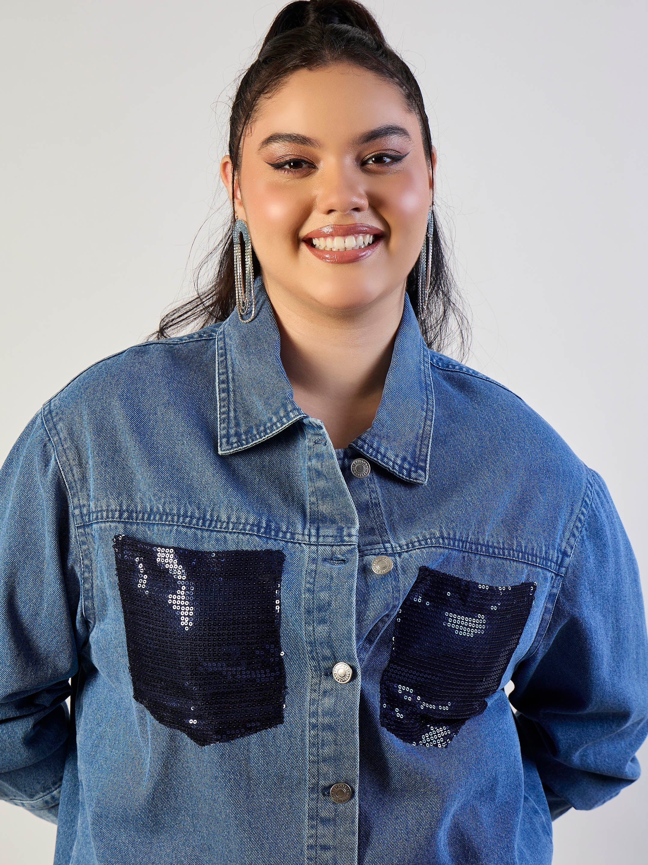 Women Blue Blast Sequins Patch Pocket Denim Jacket-SFJCKT60338