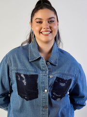 Women Blue Blast Sequins Patch Pocket Denim Jacket-SFJCKT60338