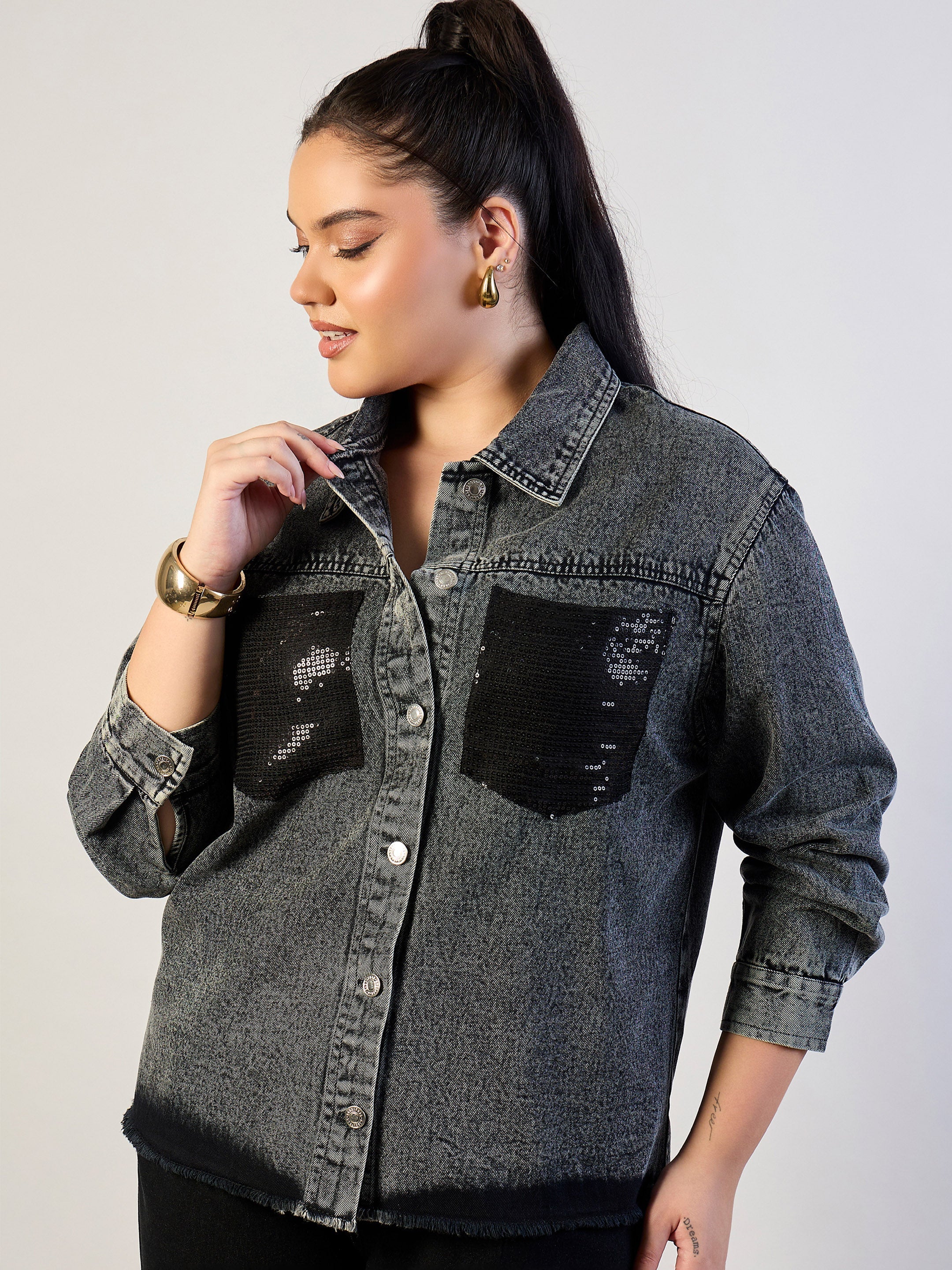 Women Black Blast Sequins Patch Pocket Denim Jacket-SFJCKT60339
