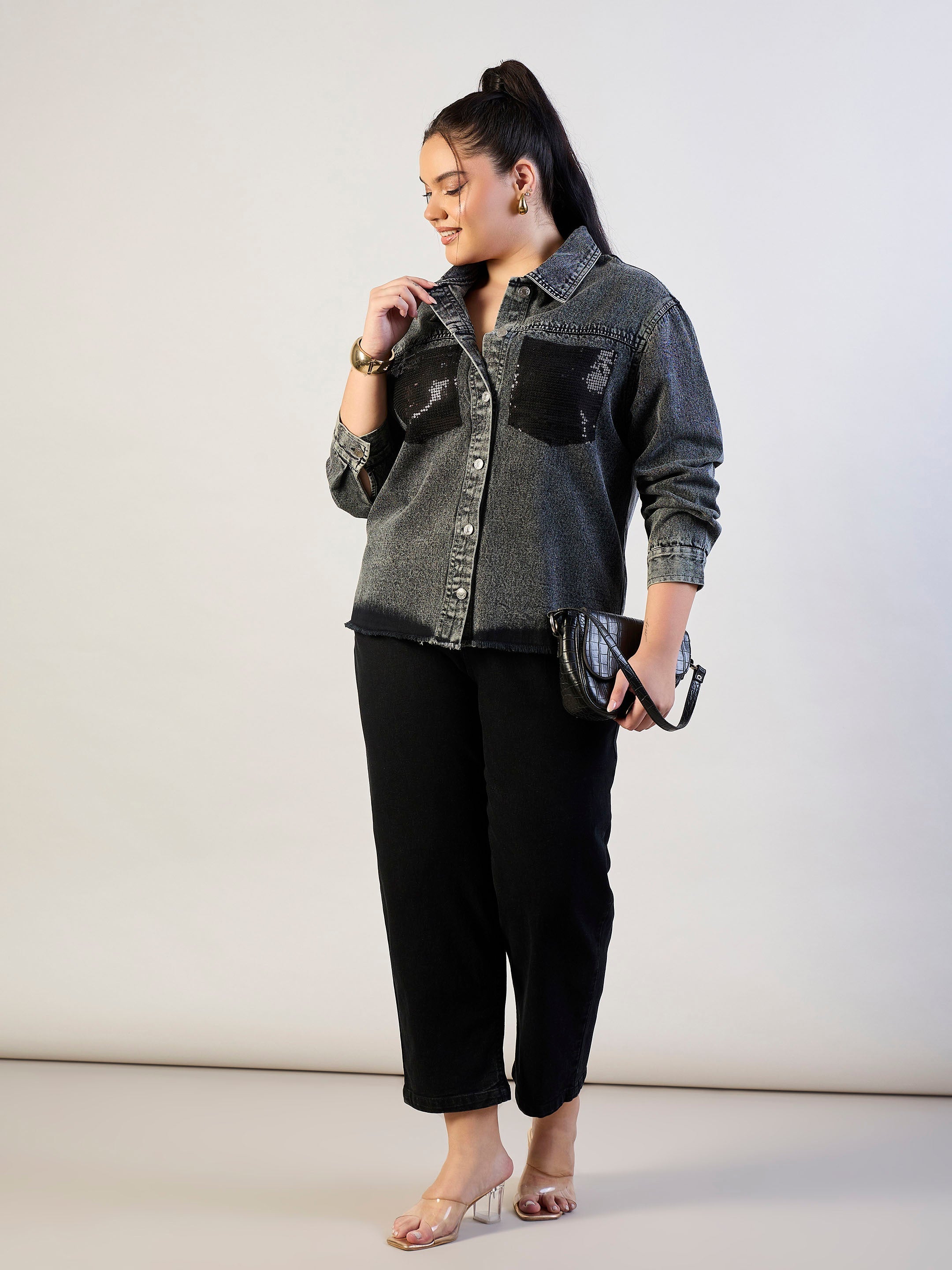 Women Black Blast Sequins Patch Pocket Denim Jacket-SFJCKT60339