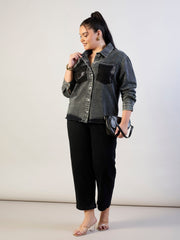 Women Black Blast Sequins Patch Pocket Denim Jacket-SFJCKT60339