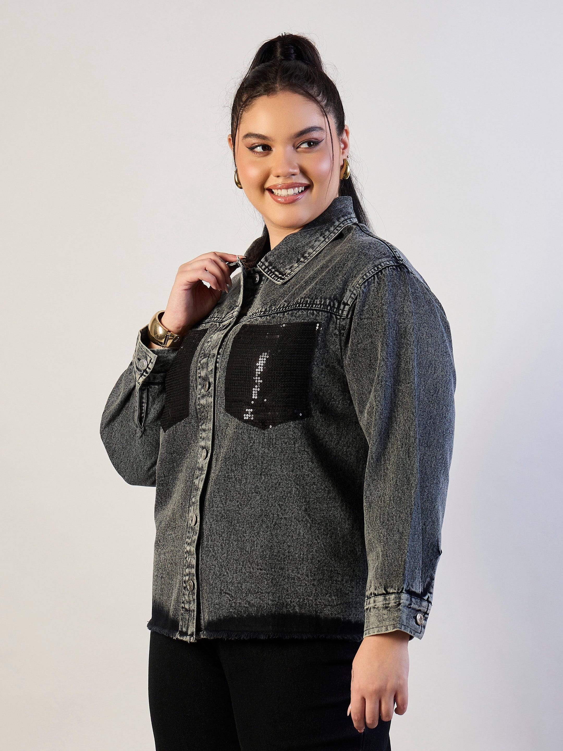 Women Black Blast Sequins Patch Pocket Denim Jacket-SFJCKT60339
