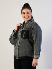 Women Black Blast Sequins Patch Pocket Denim Jacket-SFJCKT60339