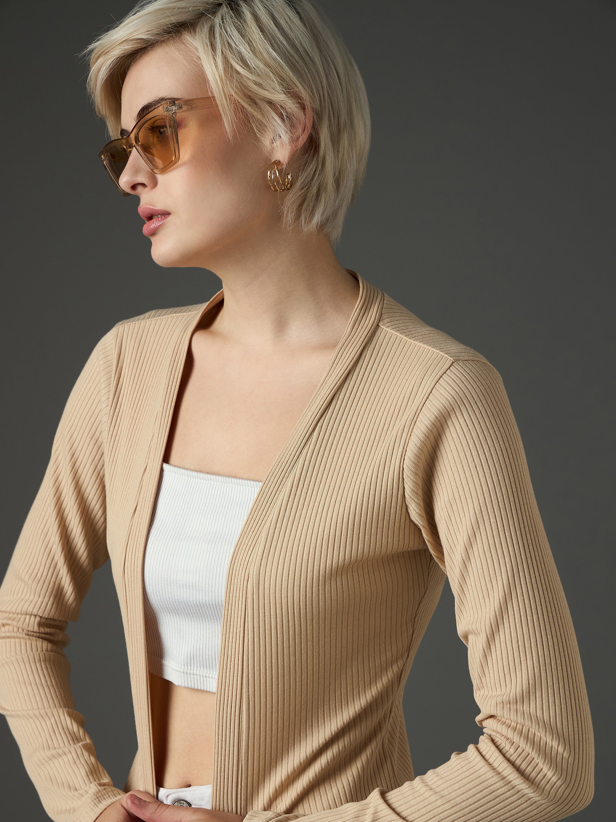 Women Beige Ribed Front Open Shrug-SFJCKT60340