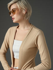 Women Beige Ribed Front Open Shrug-SFJCKT60340