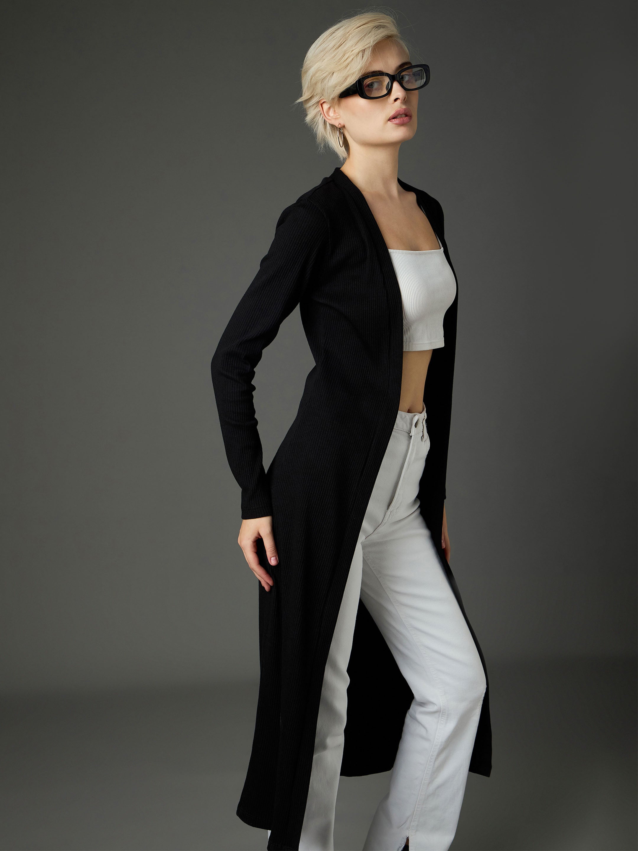 Women Black Ribed Front Open Shrug-SFJCKT60341