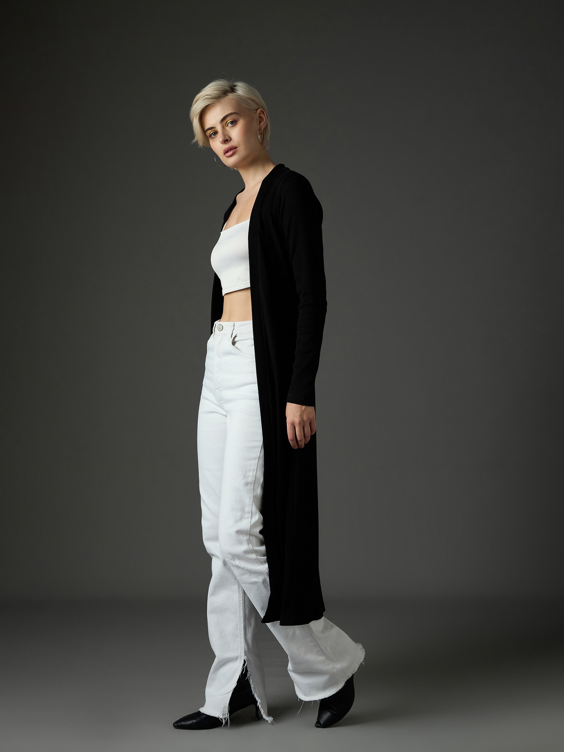 Women Black Ribed Front Open Shrug-SFJCKT60341