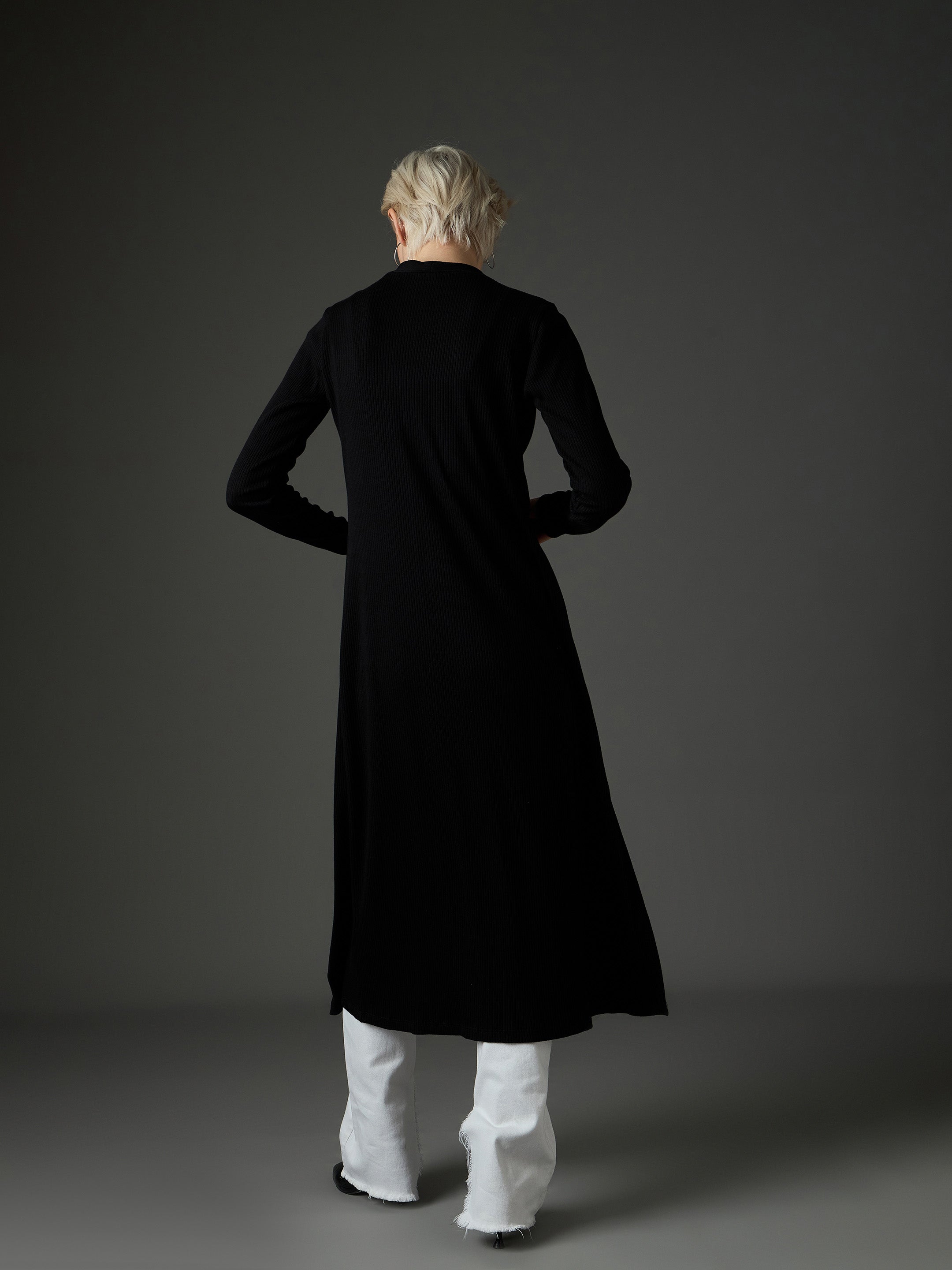 Women Black Ribed Front Open Shrug-SFJCKT60341