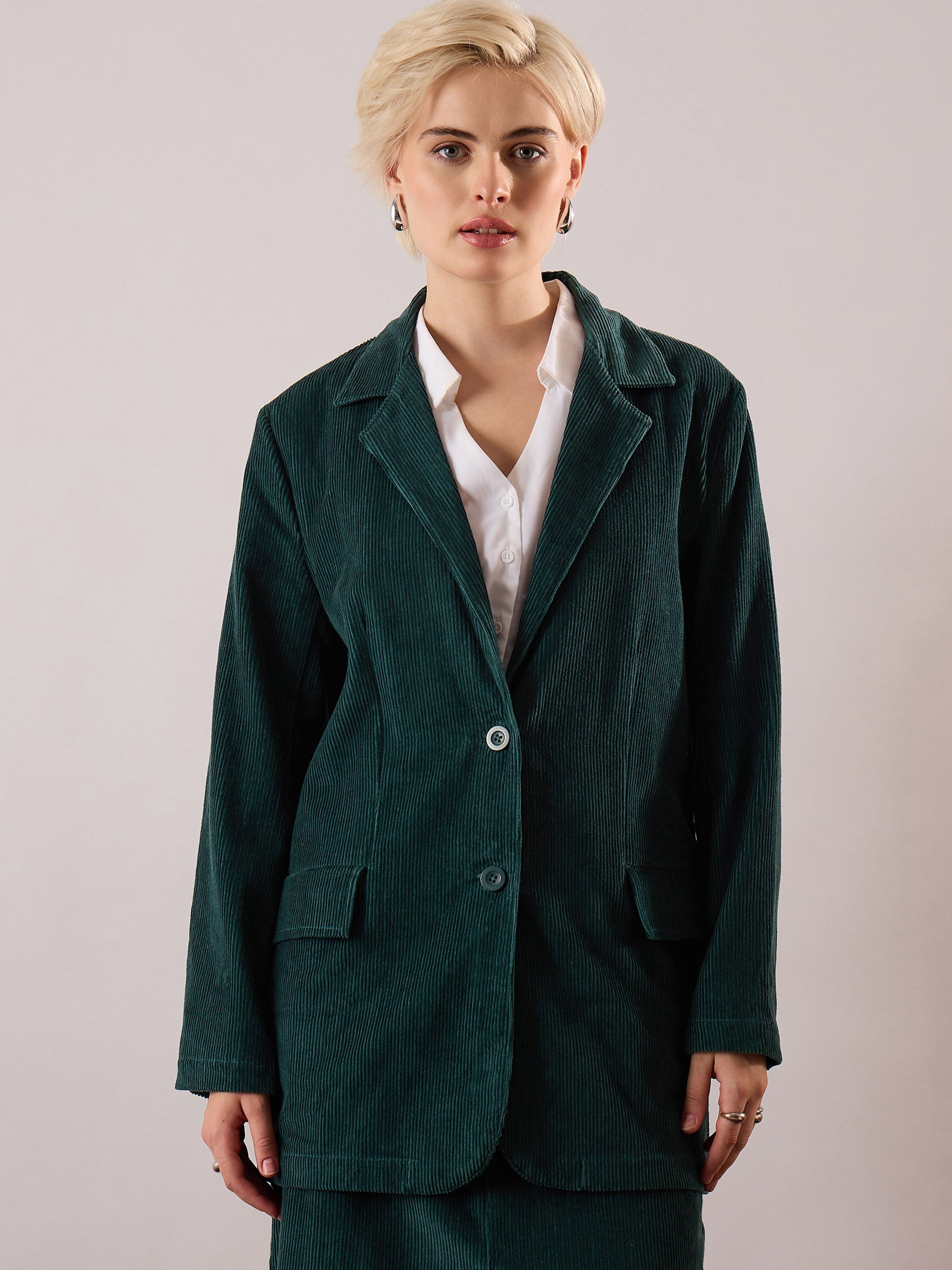 Women Emerald Green Oversized Notch Collar Blazer-SFJCKT60342