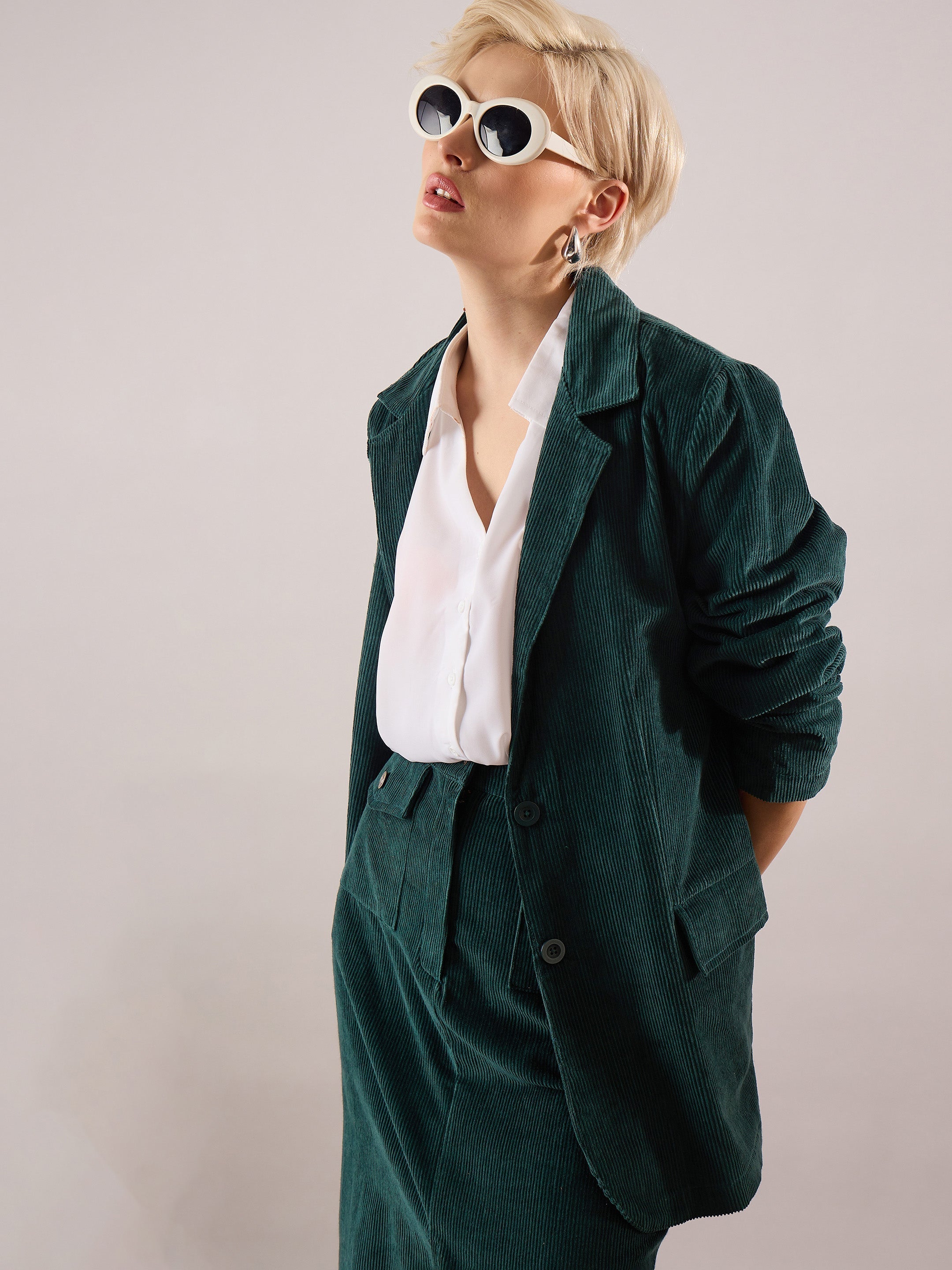 Women Emerald Green Oversized Notch Collar Blazer-SFJCKT60342