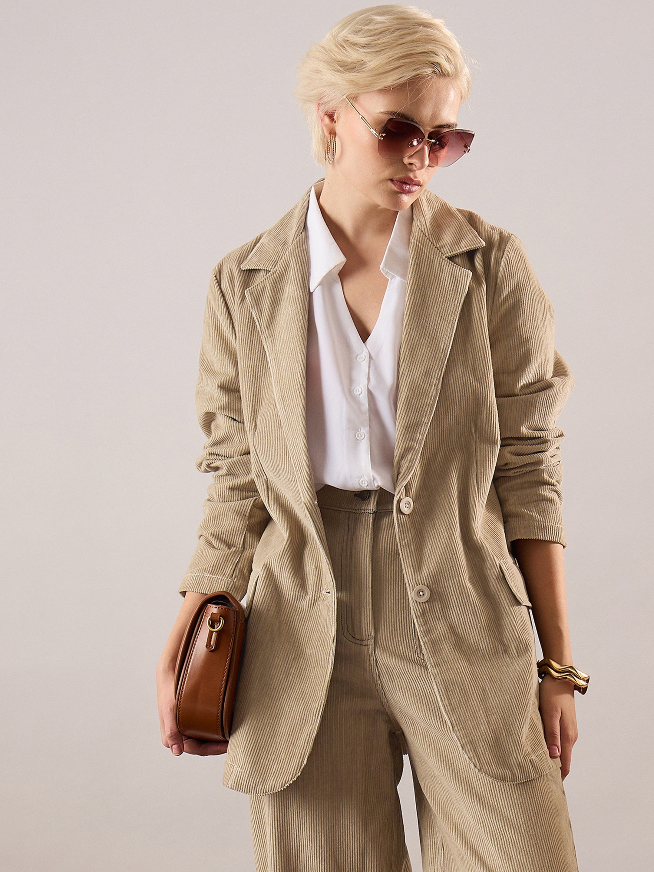 Women Beige Oversized Notch Collar Blazer-SFJCKT60343