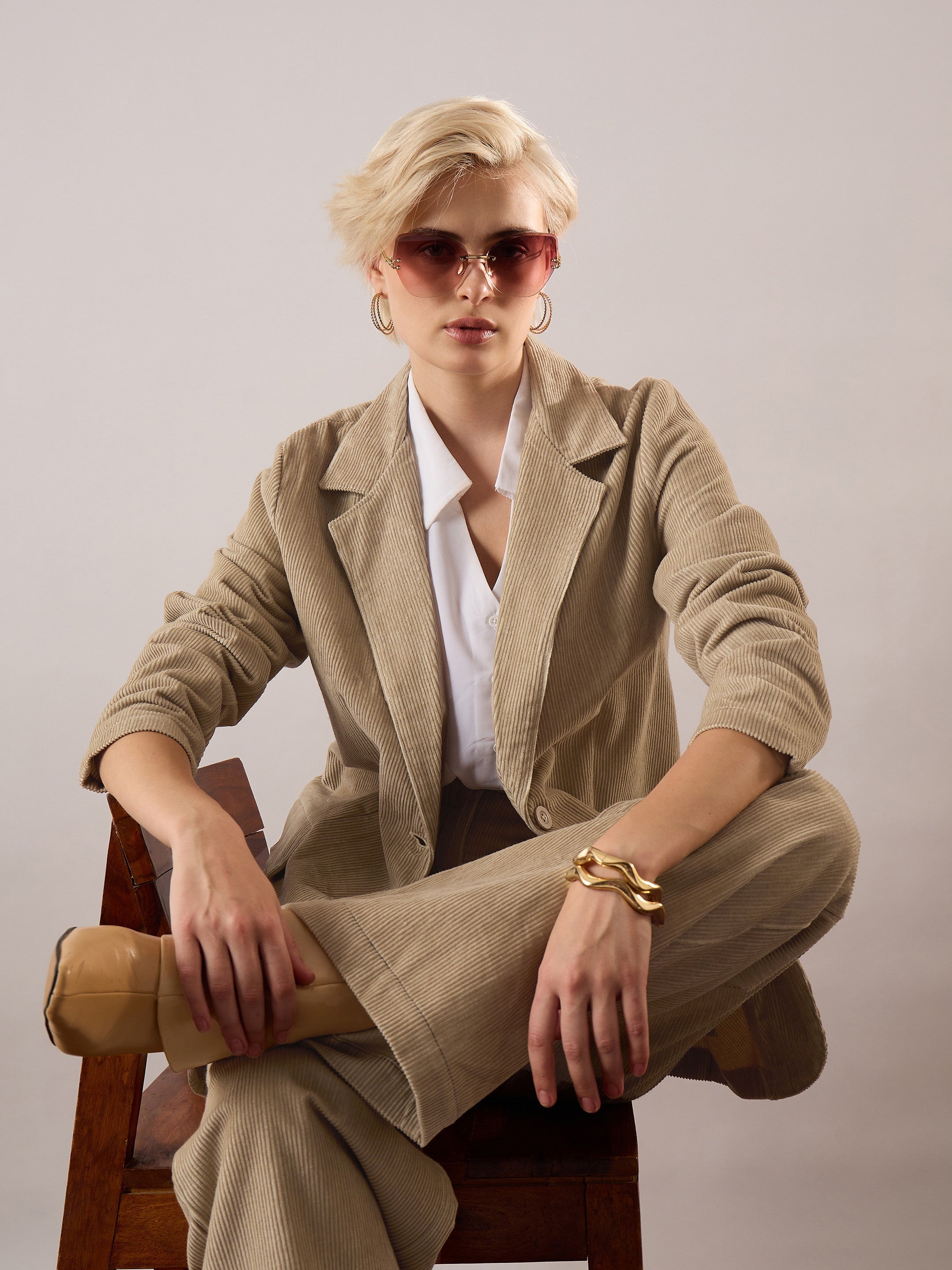 Women Beige Oversized Notch Collar Blazer-SFJCKT60343
