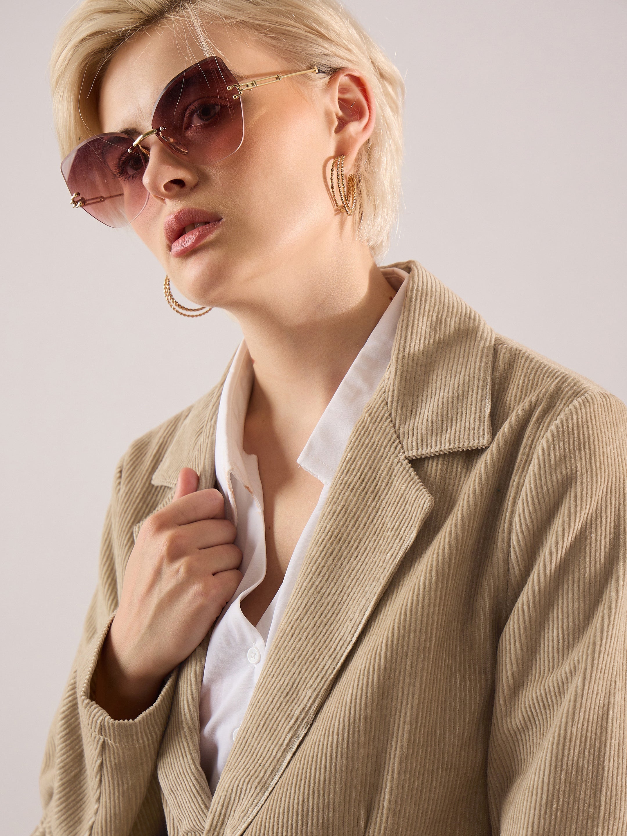 Women Beige Oversized Notch Collar Blazer-SFJCKT60343