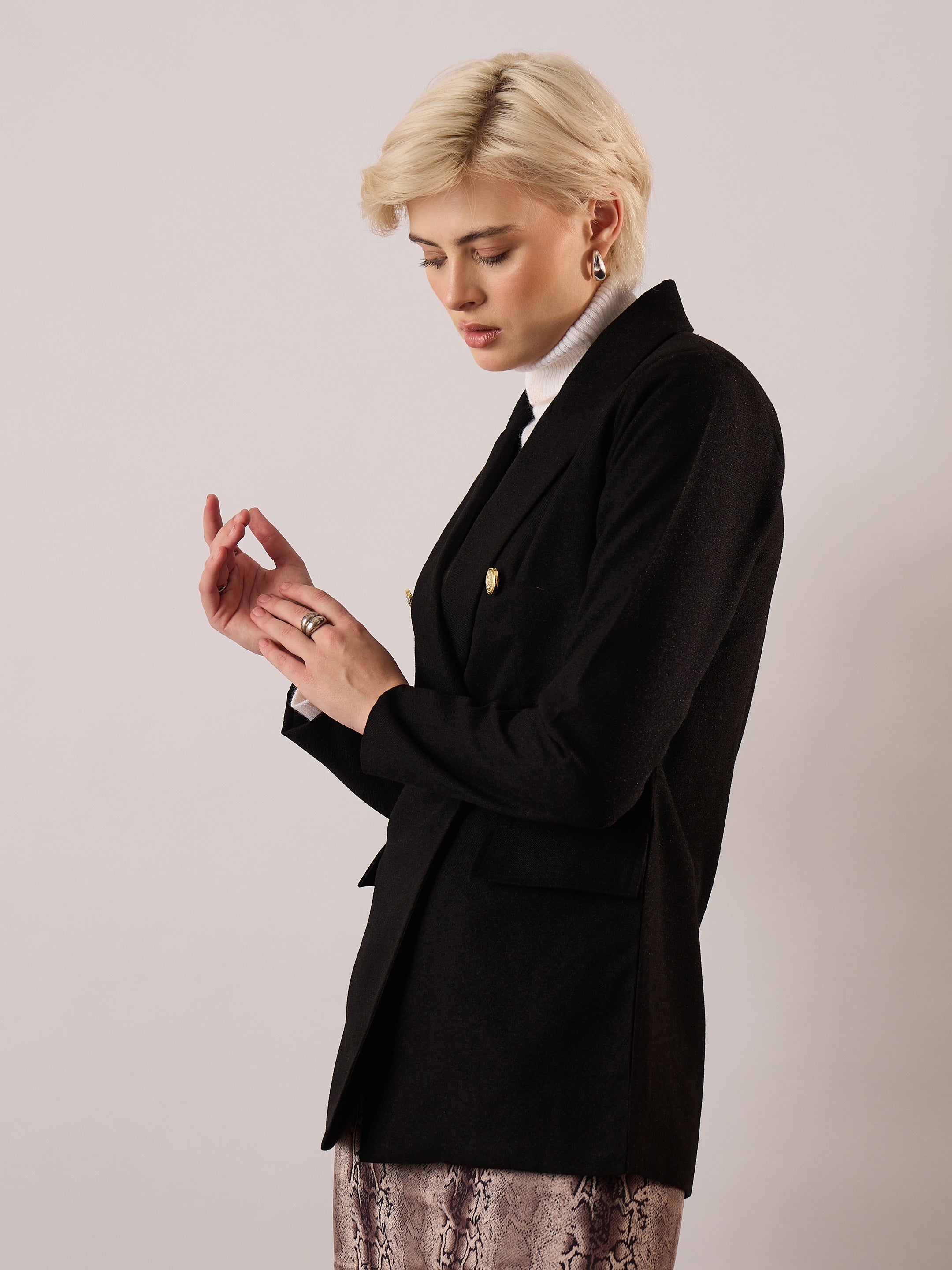 Women Black Tweed Double-Breasted Blazer-SFJCKT60344