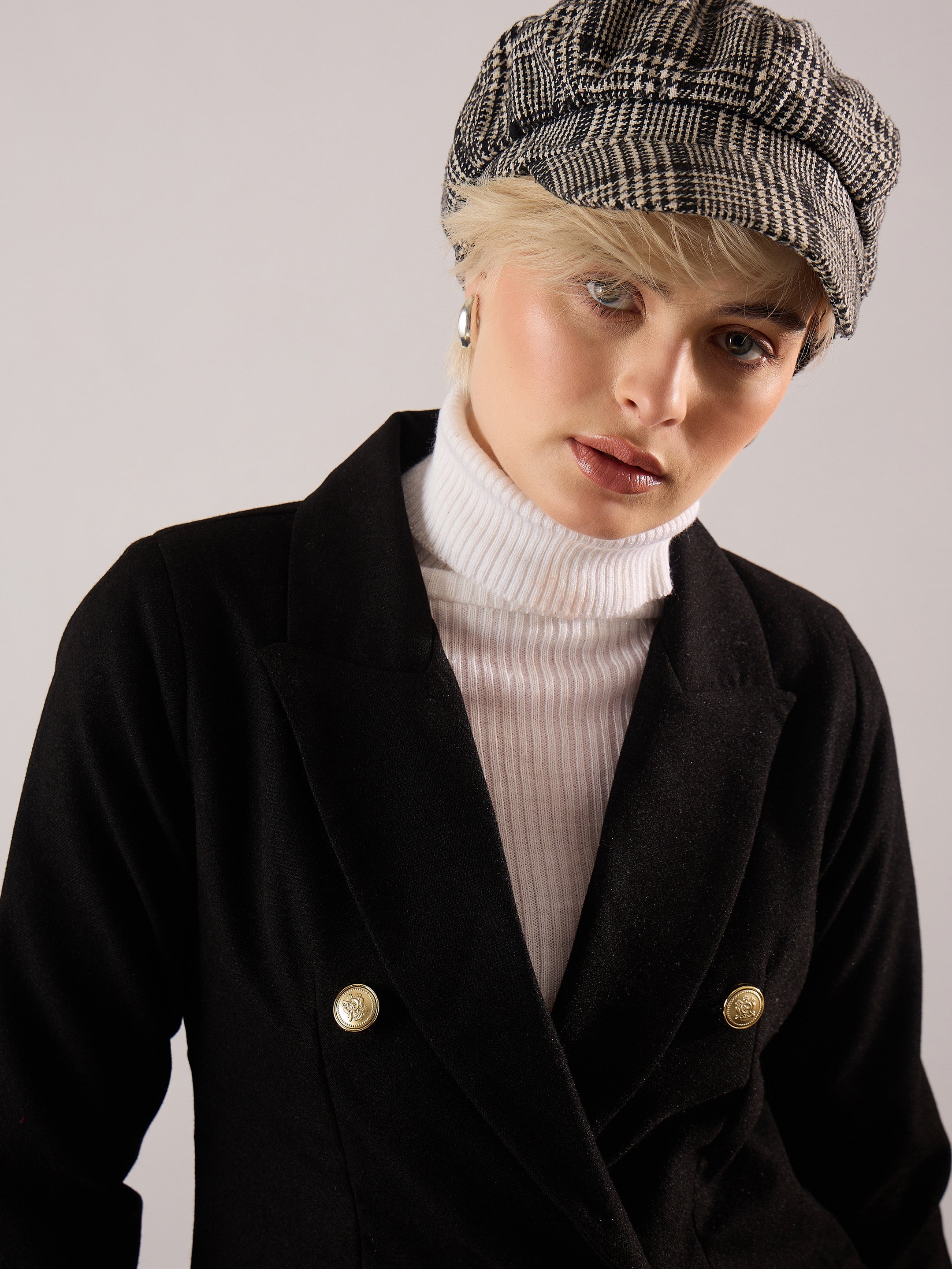 Women Black Tweed Double-Breasted Blazer-SFJCKT60344